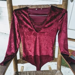 Wine-Red Velvet One-Piece Bodysuit